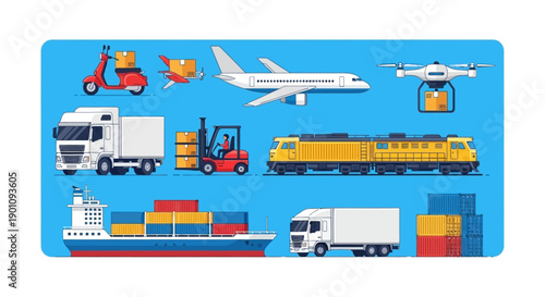 A diverse collection of modern transportation vehicles and delivery methods used for logistics and shipping.