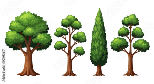 A collection of four distinct trees, showcasing a variety of shapes and sizes, rendered in a vibrant, illustrative style.