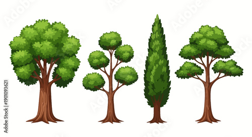 A collection of four distinct cartoon-style trees, showcasing a variety of shapes and sizes, set against a white background.