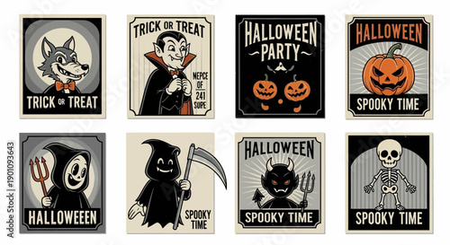 A collection of eight vintage-style Halloween posters featuring spooky characters and holiday themes.