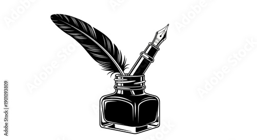 A black inkwell with a quill pen and a feather resting inside, symbolizing writing and creativity.