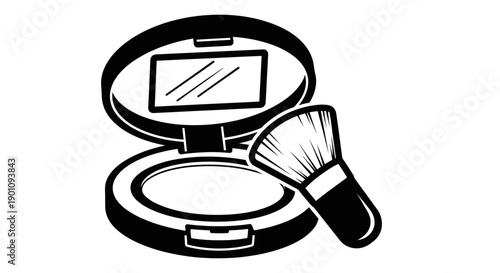 An open compact powder case with a makeup brush next to it, rendered in a black and white illustration style.