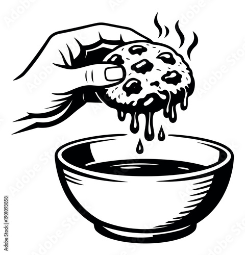 Retro line art illustration of a hand dipping a warm cookie depicting melting chocolate for snack and dessert concepts