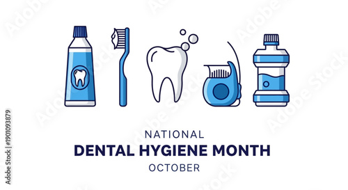 National Dental Hygiene Month illustration featuring toothpaste, toothbrush, tooth, floss, and mouthwash.