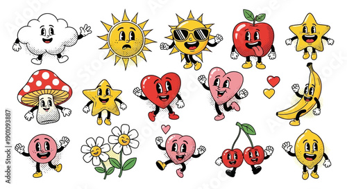 A collection of retro-style cartoon characters including a cloud, suns, fruits, a mushroom, stars, hearts, and flowers.