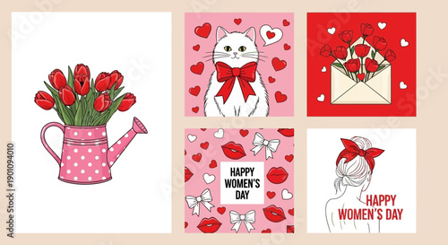 A collection of five charming illustrations celebrating Women's Day, featuring tulips in a watering can, a cute cat, an envelope with flowers, and two designs with lips and bows.