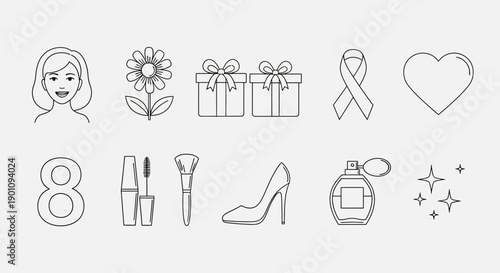 A collection of line art icons representing women's day, including a woman's face, a flower, gifts, a ribbon, a heart, the number 8, makeup, a high heel, perfume, and sparkles.