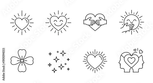 A collection of line art icons representing love, happiness, care, and positive emotions.