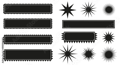 A collection of decorative black rectangular frames and starburst elements, presented in a graphic design style.