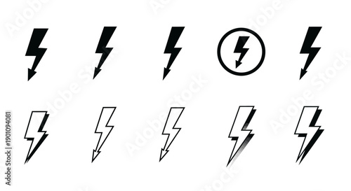 A collection of ten different lightning bolt icons, some filled black and others outlined in white, with one icon enclosed in a circle.