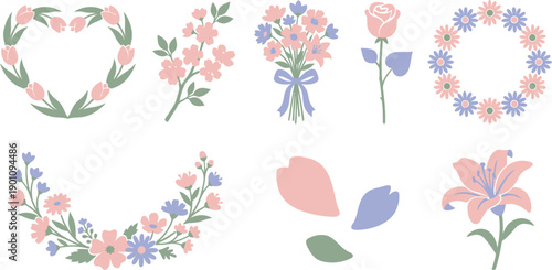 Modern Mother's Day botanical elements collection with 10 blush pink soft periwinkle sage green heart wreath tulips cherry blossoms bouquet ribbon rose stem daisies wildflowers petals lily flat vector