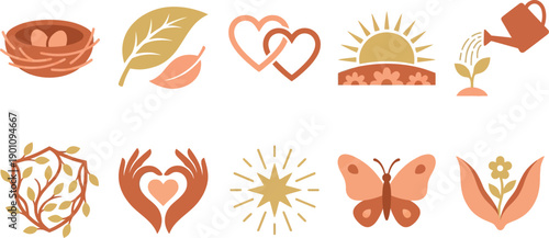 Nurturing and protection symbols collection with 10 elements peach terracotta soft gold bird nest eggs leaf sheltering hearts sun watering can sprout shield vines hands starburst butterfly seed flower