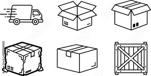 Line icon set of delivery truck, various cardboard boxes, and a wooden shipping crate isolated on white background for logistics and distribution design.