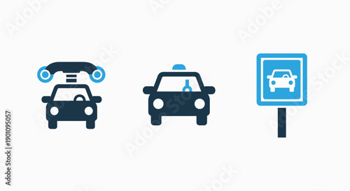 Collection of three icons representing transportation services: a drone taxi, a traditional taxi, and a taxi stand sign for mobility and city concepts.