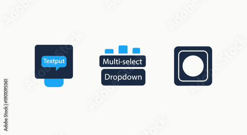 Set of three modern UI icons: Text input field, multi-select dropdown menu, and radio button for web design and application interfaces.