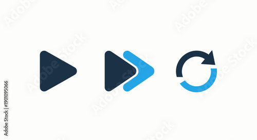 Set of three icons representing media playback and refresh actions: play button, fast forward arrows, and a circular refresh arrow for digital content controls.