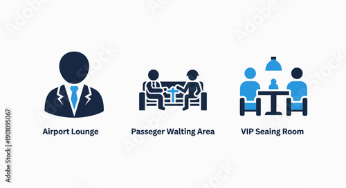 Icons depicting airport services: a suited figure for lounge access, people waiting on a bench, and a VIP seating area for travel and hospitality.