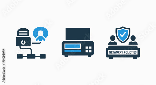 Three icons related to network and security: network server with user access, a printer, and a shield with people and text 'Networky Policies' for IT and business.