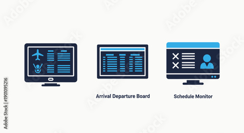 Computer screen icons showing flight information: arrival and departure board, and a schedule monitor for airports, travel, and logistics.