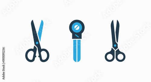 Set of three icons: two pairs of scissors and a specialized cutting tool for crafting, tailoring, or graphic design purposes.