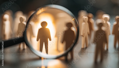 Magnifying glass focuses on a single highlighted figure among many