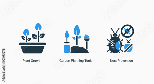 Gardening Icons: Plant Growth in Pot, Garden Tools, and Pest/Nest Prevention