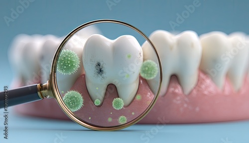 Magnified view of a decaying tooth with bacteria, gums, and teeth