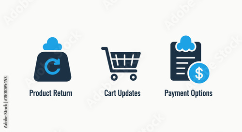 Product return, cart, and payment icons for e-commerce and online shopping services.