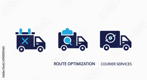 Delivery truck icons representing route optimization and courier services for logistics and shipping.