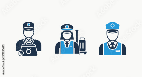 Icons of uniformed personnel, including bellhops or porters with luggage, for hospitality and travel.