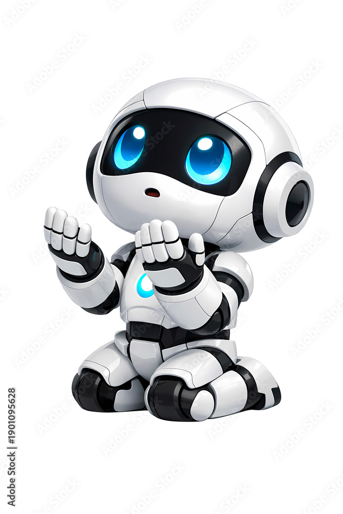 Obraz premium 3D illustration of a cute white robot kneeling and praying in supplication, Islamic dua concept, religious technology and future of faith theme, isolated on transparent background