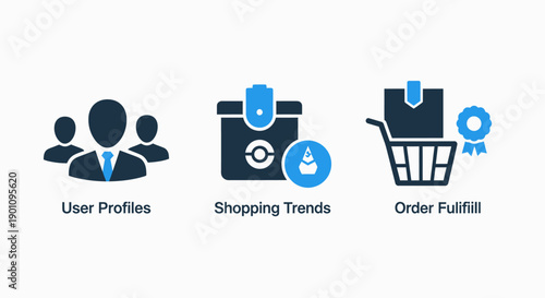 Icons for user profiles, shopping trends, and order fulfillment, representing e-commerce and retail.