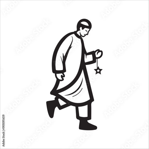 A cartoon illustration of a man walking while holding a star
