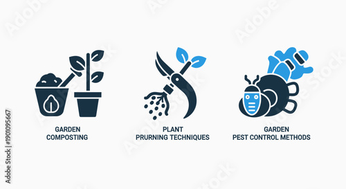 Set of modern flat icons for gardening: composting, pruning, and pest control with blue and dark blue accents