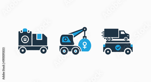 Construction and logistics icons: crane, truck, and transport vehicle with female symbol, in flat design