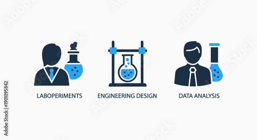 Science and research icons: laboratory experiments, engineering design, and data analysis with scientists