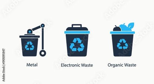 Waste management icons: metal recycling, electronic waste, and organic waste bins with recycle symbols