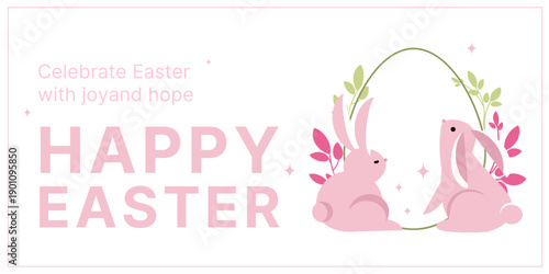 Modern Easter banner with pink rabbits, floral wreath and Happy Easter text, for spring promotions, greeting cards, social media posts, website headers, holiday marketing designs.Vector illustration