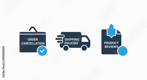 E-commerce icons for order cancellation, shipping policies, and product reviews, essential elements for online retail and customer service.
