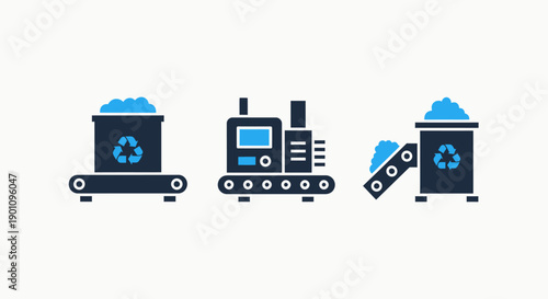 Recycling and industrial process icons with conveyor belts and machinery, symbolizing waste management and manufacturing operations.
