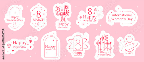 Womens Day stickers with minimal floral elements, 8 March typography, and elegant icons, for greeting cards, planners, scrapbooking, social media posts, packaging, seasonal design .Vector illustration