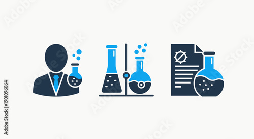 Science and research icons with a scientist, lab flasks, and documentation, representing chemistry, experiments, and scientific discovery.