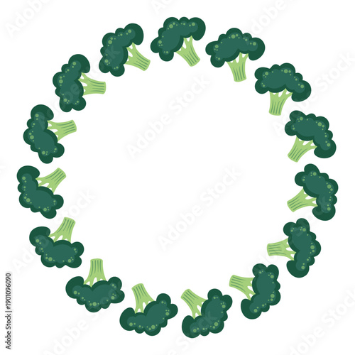 Round frame with broccoli. Hand-drawn colorful harvest and lettuce leaves. Healthy organic food. Fresh, healthy vegetables.