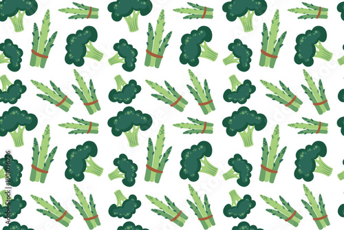 Seamless pattern with broccoli and asparagus. Hand-drawn colorful lettuce and vegetable leaves. Healthy organic produce. Fresh, healthy vegetables.