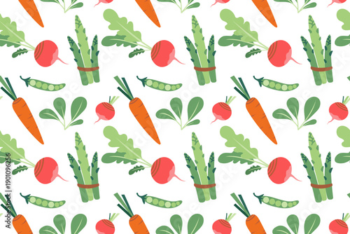 Seamless pattern with carrots and radishes. Hand-drawn colorful lettuce and vegetable leaves. Healthy organic produce. Fresh, healthy vegetables.