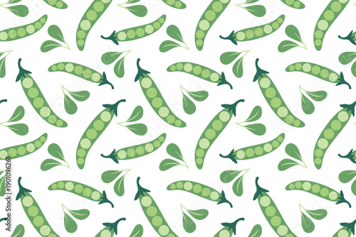 Seamless pattern with pea pods. Hand-drawn colorful lettuce and vegetable leaves. Healthy organic produce. Fresh, healthy vegetables.