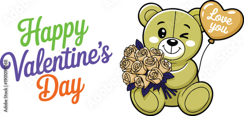Valentine's Day Teddy Bear  Cute Cartoon Bear with Pink Roses and Heart Balloon