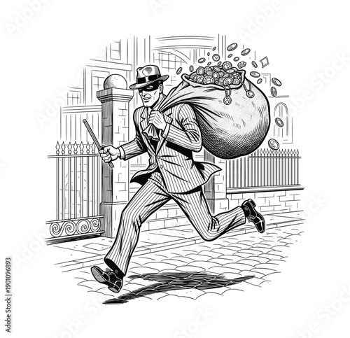 Vintage Thief Running with Bag of Money – Retro Engraving Illustration