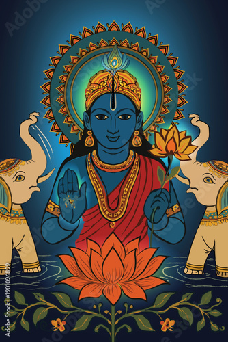 Lotus Throne  Blessings of the Divine Presence. A blue-skinned deity seated on a lotus, flanked by white elephants. Radiant halo and floral motifs evoke purity, divinity, and spiritual reverence.