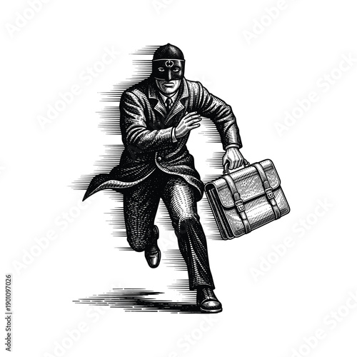 Engraving of a Man in a Mask Running with a Briefcase